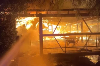 The function venue at Tamburlaine Organic Wines in Pokolbin in the Hunter region was engulfed by flames on Thursday night. Image: NSW RFS