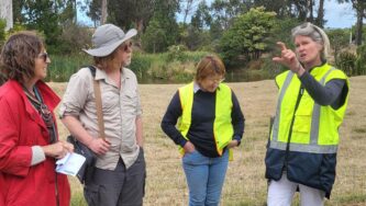 Yealands sustainability manager Andrée Piddington, right, talks about biochar benefits with, from left, Heather Turnbull, John Baldridge and Tracy Taylor.PENNY WARDLE / MARLBOROUGH EXPRESS