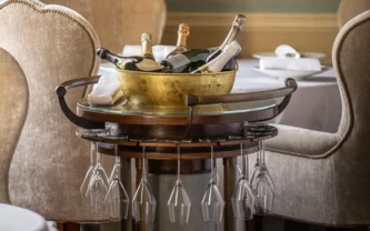 The Grantley Hall wine trolley features various slightly differently-shaped glasses for different champagnes